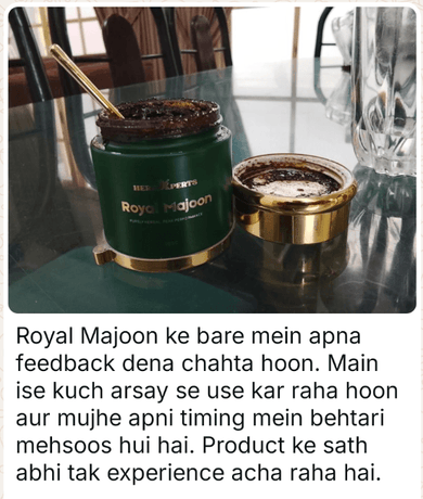 WhatsApp message from a customer with a photo of Royal Majoon (opens full size): Royal Majoon ke baare mein apna feedback dena chahta hoon. Main ise kuch arsay se use kar raha hoon aur mujhe apni timing mein behtari mehsoos hui hai. Product ke saath abhi tak experience acha raha hai.