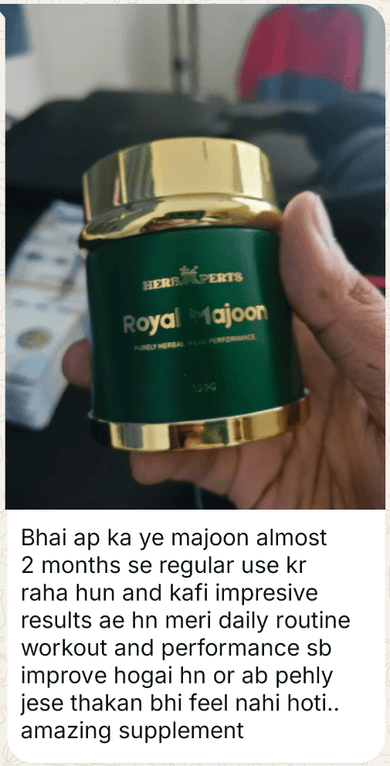 WhatsApp message from a customer with a photo of Royal Majoon (opens full size): Bhai aap ka ye majoon almost 2 months se regular use kar raha hoon aur kaafi impressive results aaye hain. Meri daily routine, workout aur performance sab improve ho gaye hain, aur ab pehle jaisi thakan bhi feel nahi hoti. Amazing supplement.