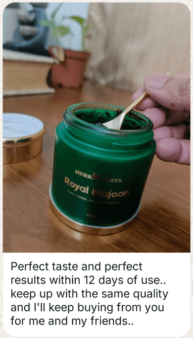 WhatsApp message from a customer with a photo of Royal Majoon (opens full size): Perfect taste and perfect results within 12 days of use. Keep up the same quality and I'll keep buying from you for me and my friends.