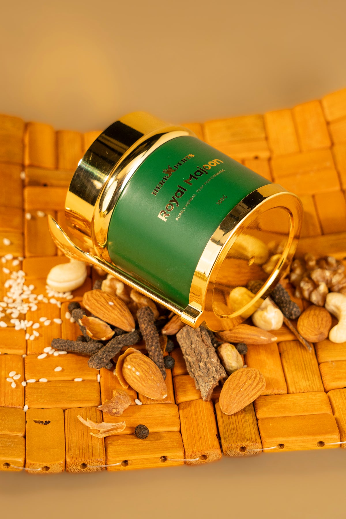 Roots, long pepper and almonds spilling from the jar