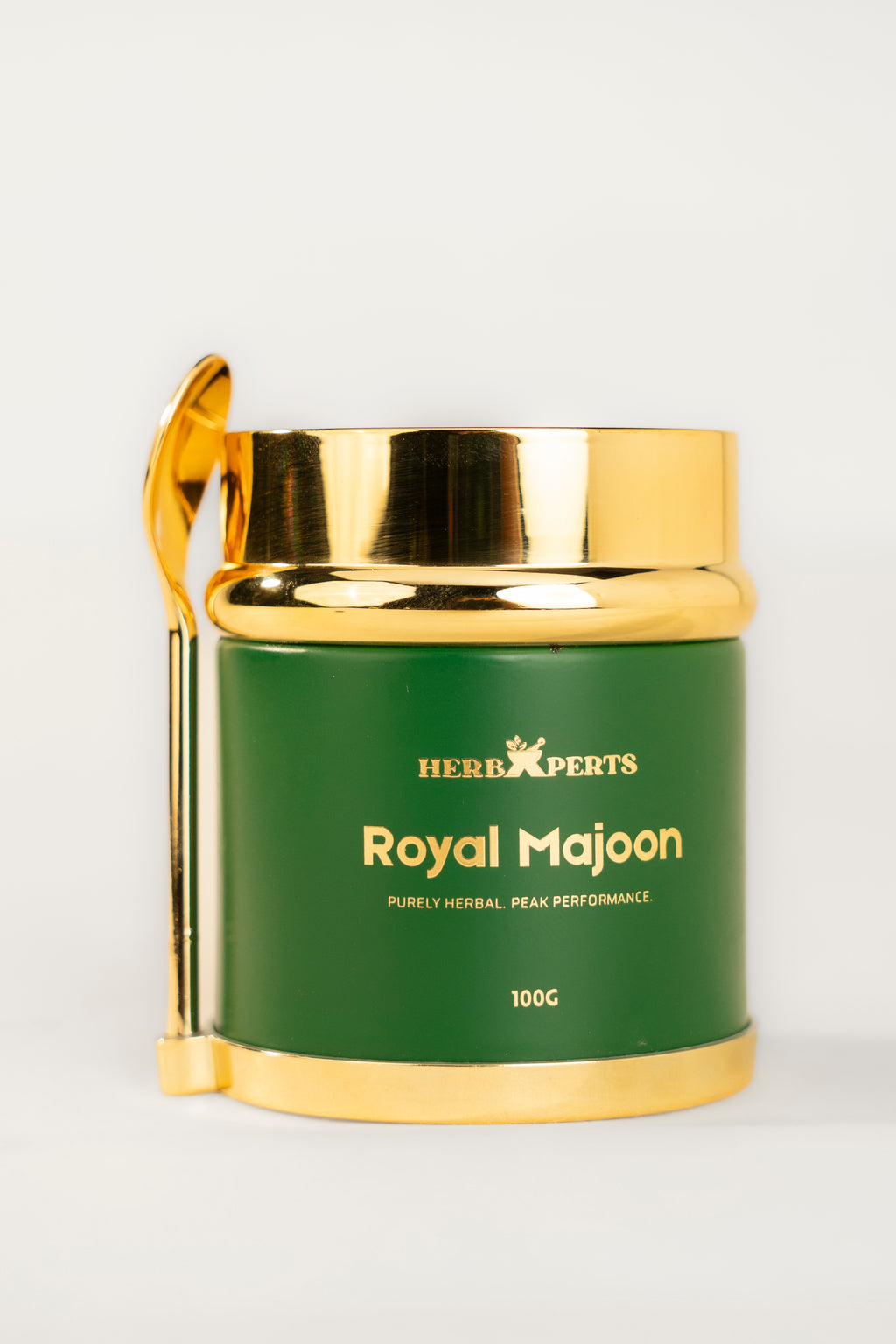 Royal Majoon 100 g jar by HerbXperts with gold lid and dosing spoon
