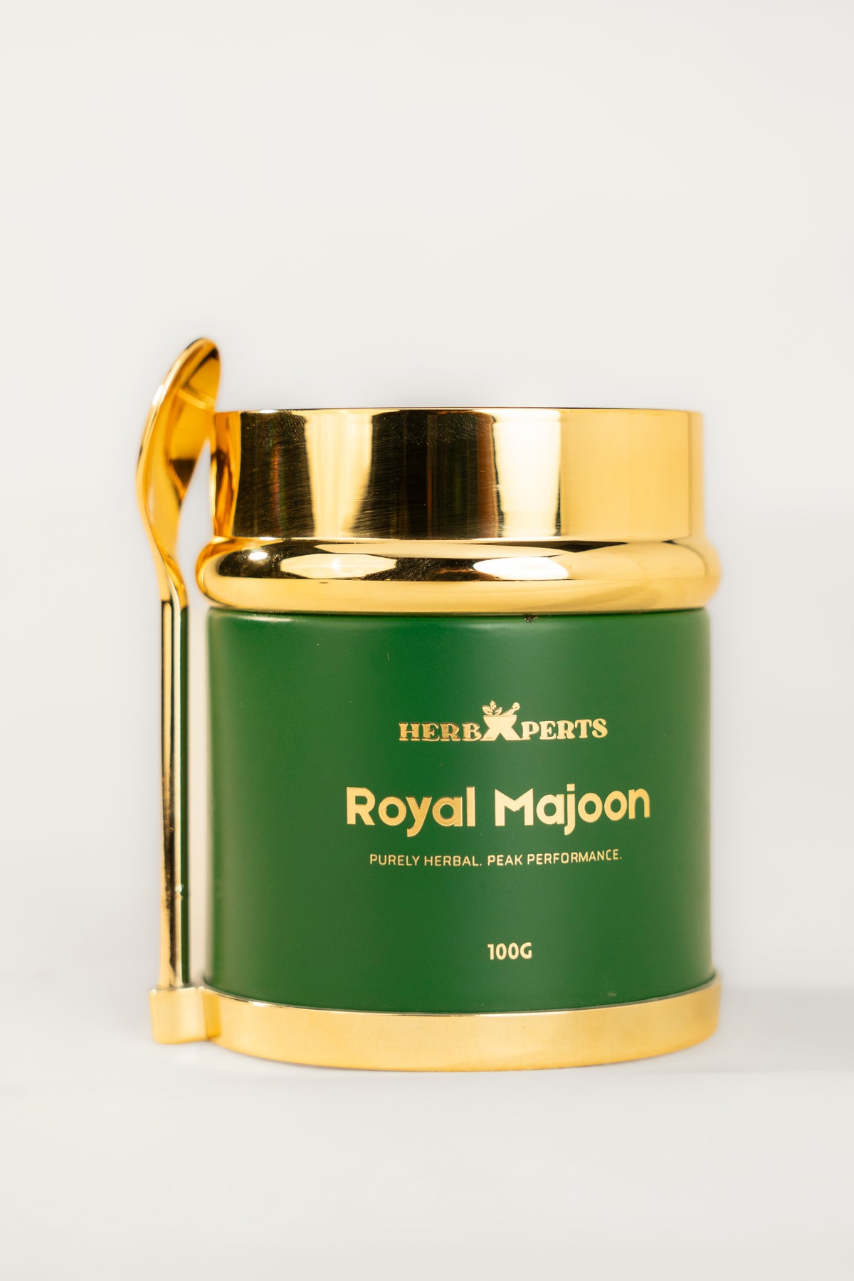 Royal Majoon 100 g jar by HerbXperts with gold lid and dosing spoon
