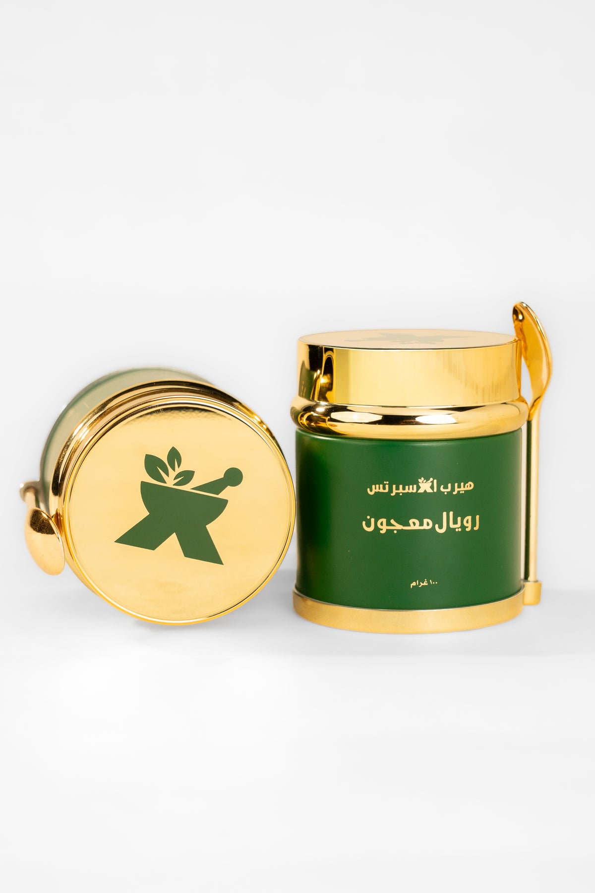 Royal Majoon jar and lid with the HerbXperts logo